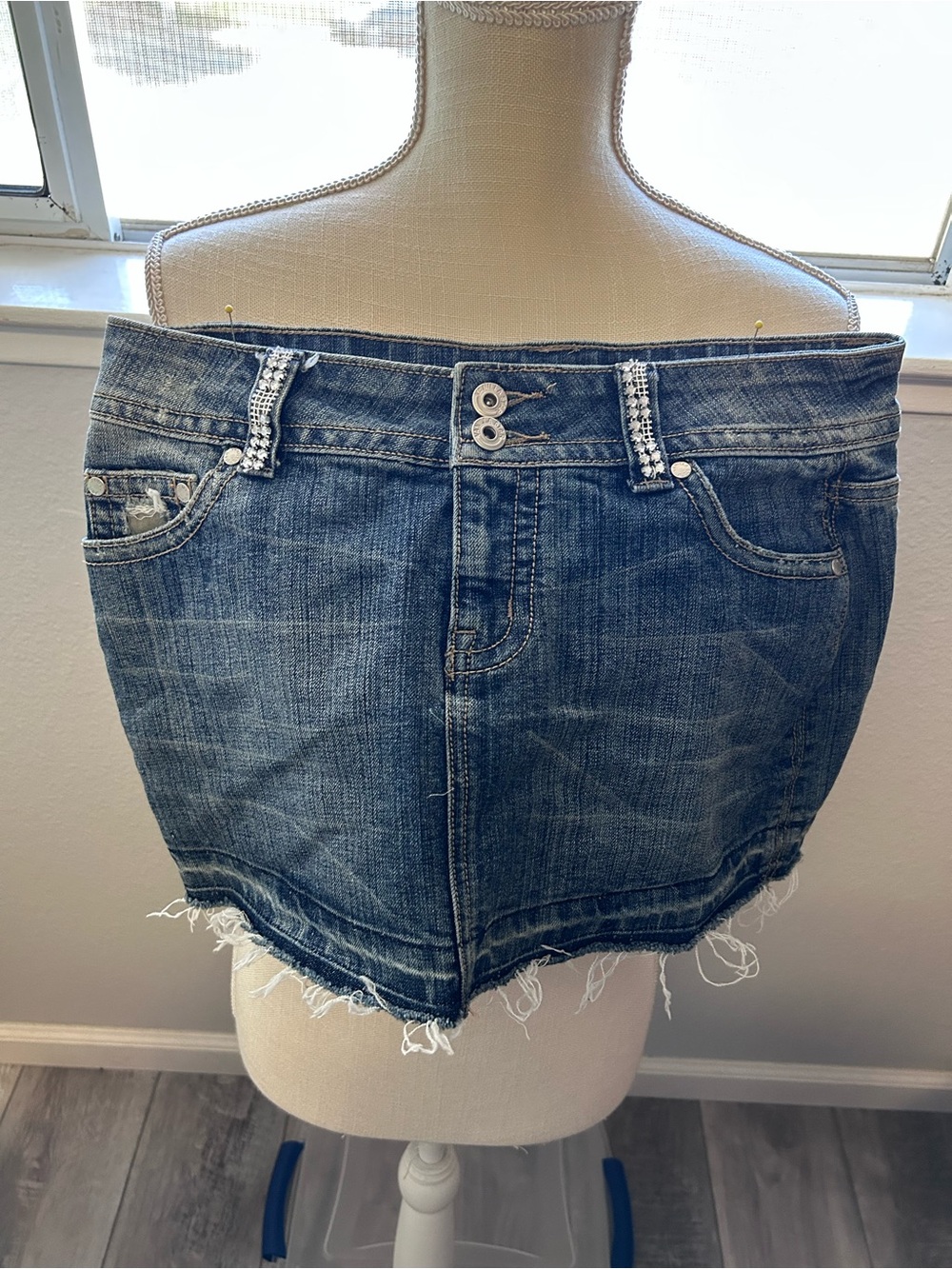 Vanilla Star Distressed Blue Low Rise Denim Mini Skirt
